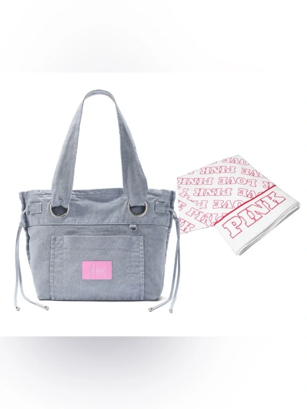 PINK Victoria's Secret Denim Flat Bottom Tote with Free Towel